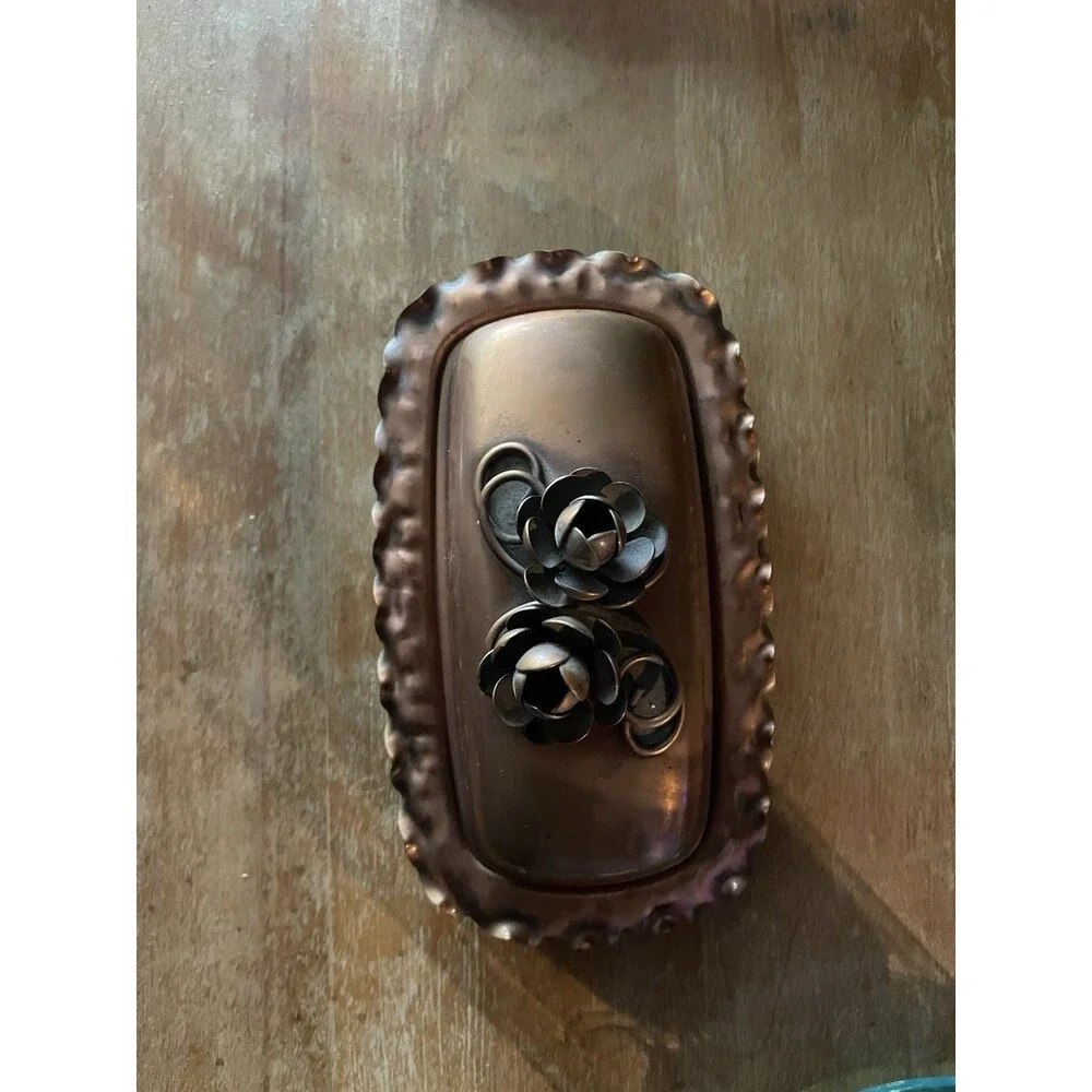 Gregorian Copper Butter Dish Hand Wrought Roses & Ruffles USA Glass Insert